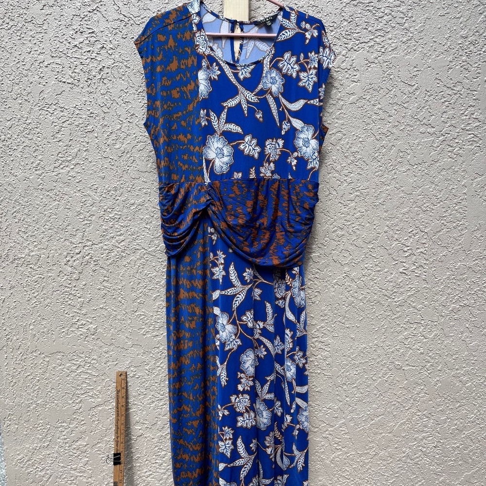 Ruched Waist Midi Dress 2XP Blue Mixed Print Stretch Petite Plus IMAN - Picture 1 of 10